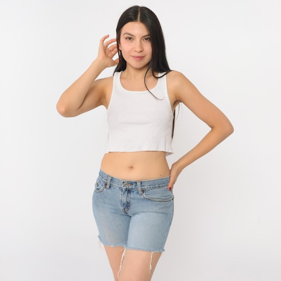 Vintage Levi's Cutoff Jean Shorts Y2K Blue Denim Cut Off Low Rise Raw Edge Levi Strauss Frayed Cut Off 00s Tight Slim Fit Extra Small xs 1