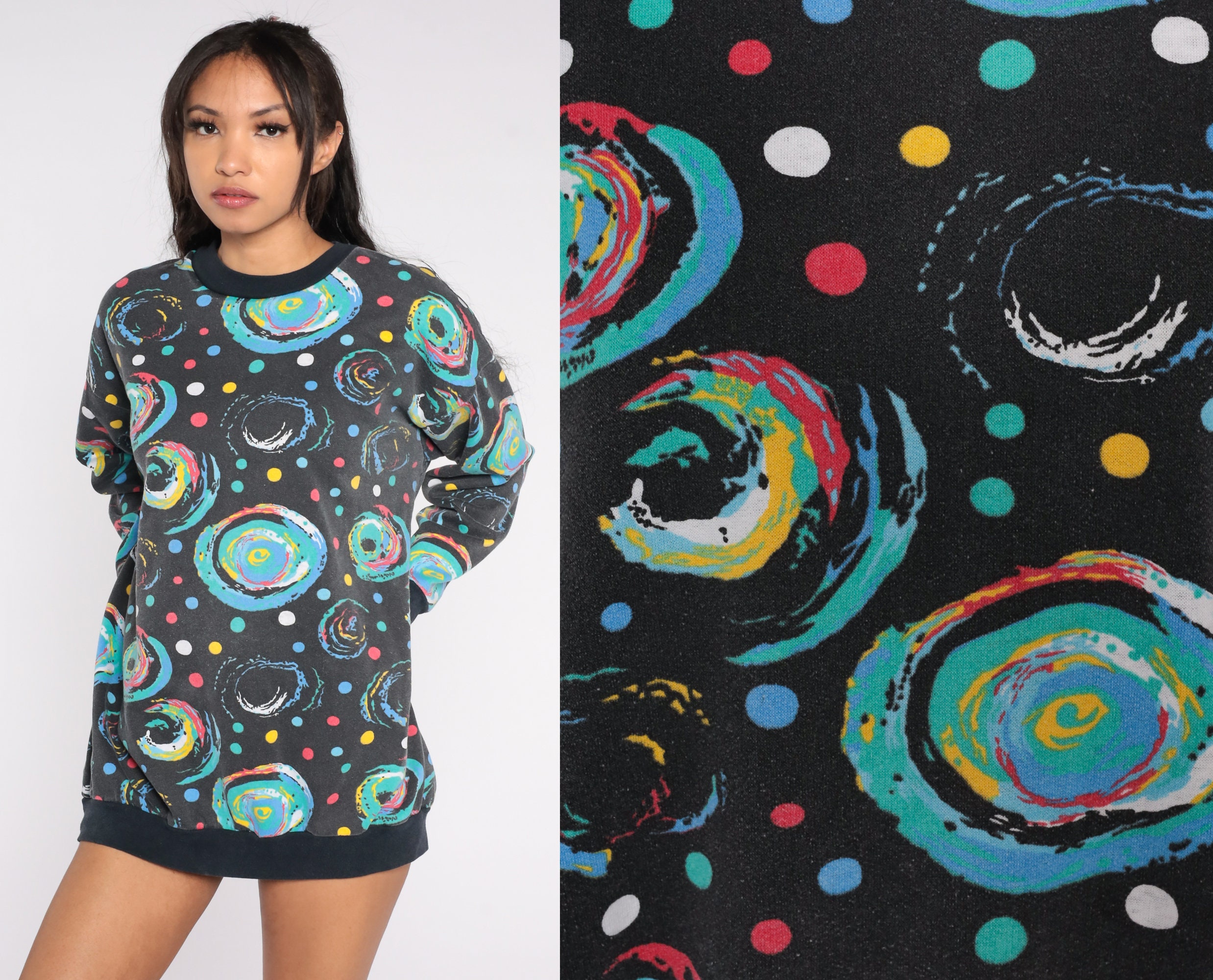 Cosmic Sweatshirt 90s Black Abstract Sweatshirt Polka Dot Swirl Print ...