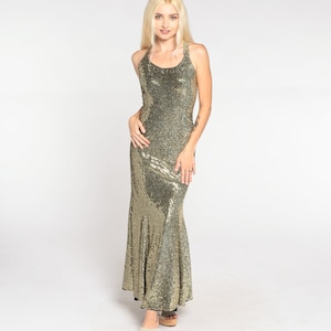 Gold Sequin Gown 80s Sparkly Party Maxi Dress Zum Zum Fishtail Hem Sleeveless Long Cocktail Glam Open Back Glitter Vintage 1980s Small S