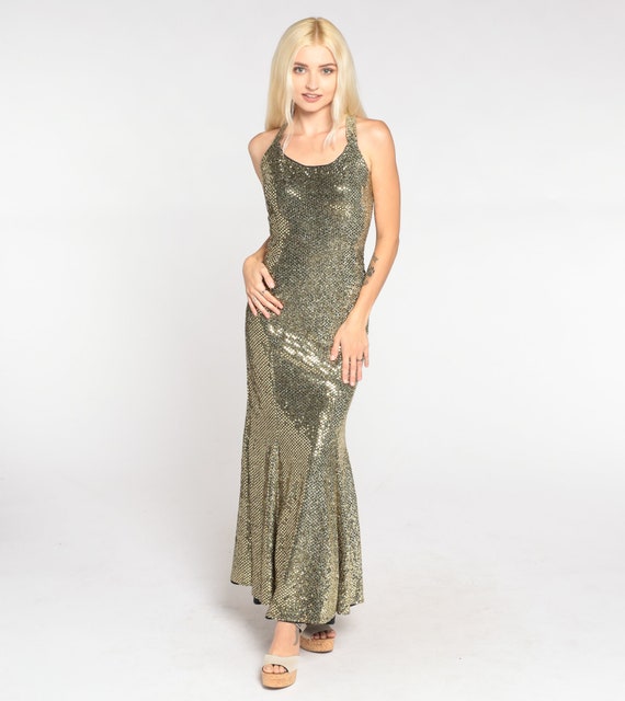 Gold Sequin Gown 80s Sparkly Party Maxi Dress Zum Zum Fishtail Hem Sleeveless Long Cocktail Glam Open Back Glitter Vintage 1980s Small S