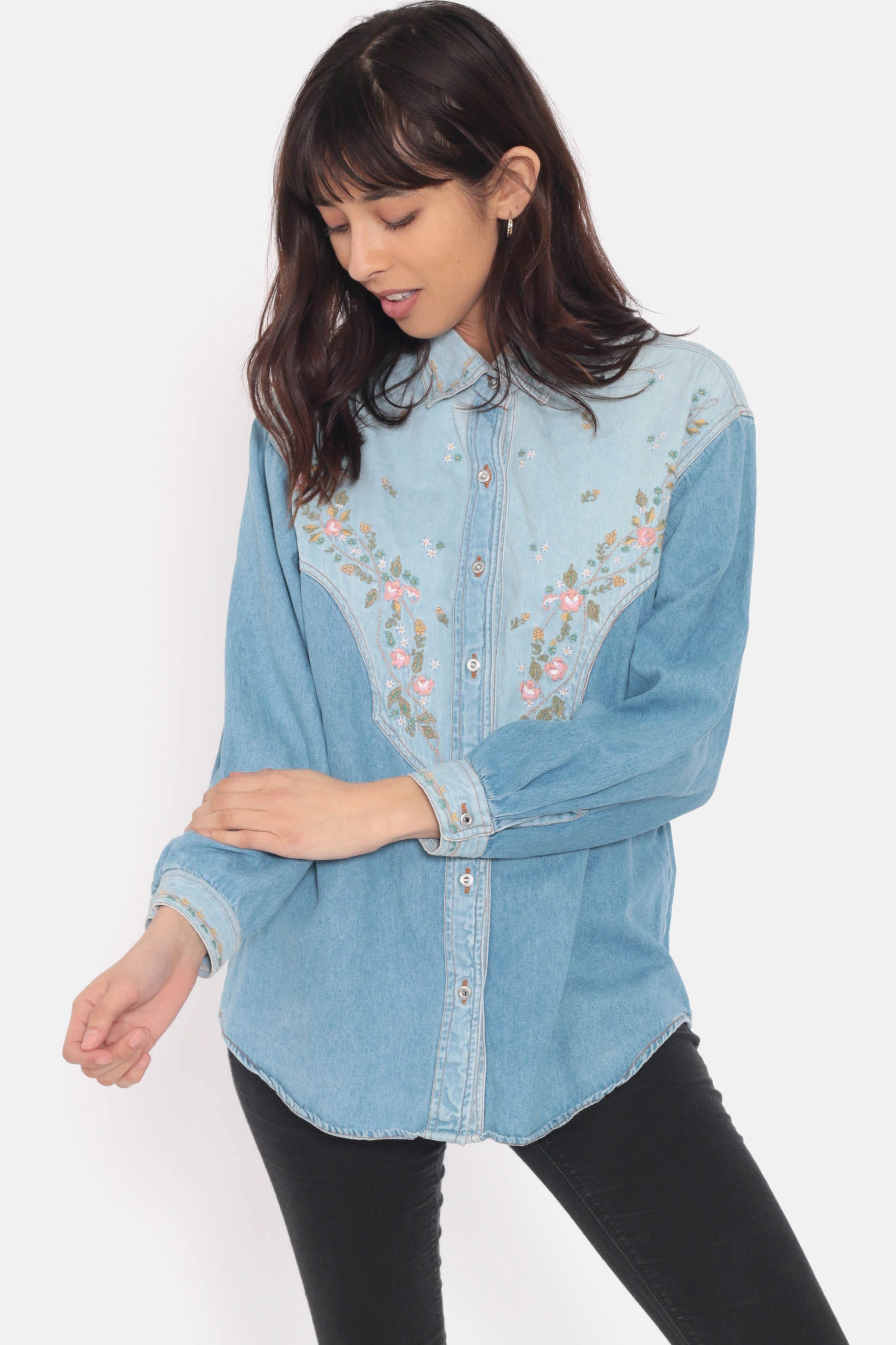 Floral Denim Shirt 90s Grunge Blouse Button Down 80s JEAN Western ...