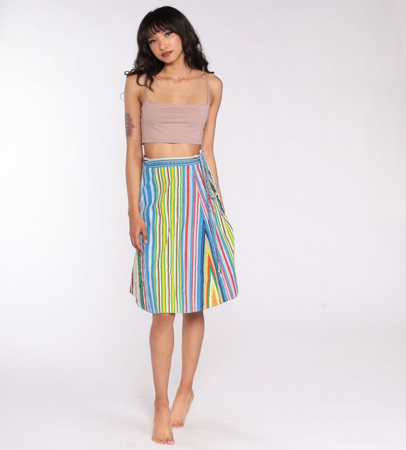 Reversible Wrap Skirt -- Boho Skirt 70s 80s Rainbow Stripe Floral Midi Skirt Retro Hippie Vintage High Waist Bohemian Extra Small Medium xs