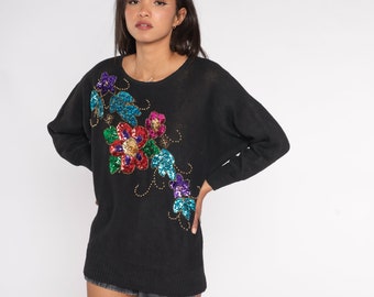 Suéter de lantejoulas com estampa floral preta dos anos 90, suéter de malha brilhante, pulôver com contas, manga dolman, malha vintage dos anos 90, algodão rami, grande, L