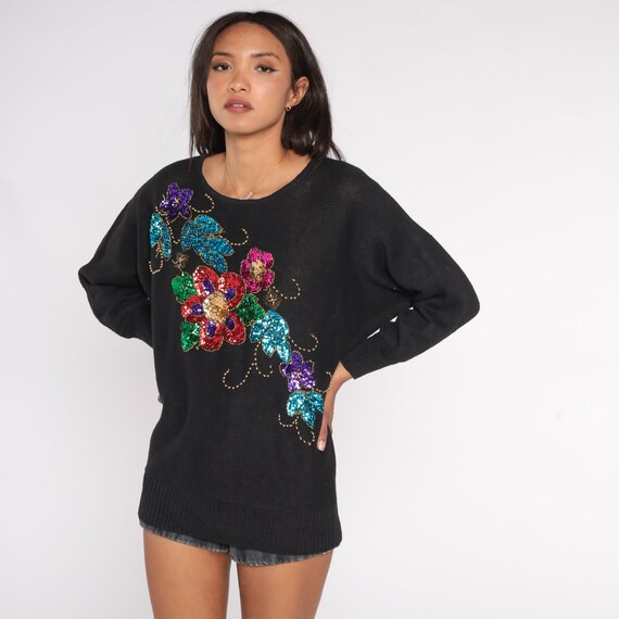 Sequin Flower Sweater 90s Black Floral Print Knit Sweater Sparkly Pullover Beaded Dolman Sleeve Knitwear Vintage 1990s Cotton Ramie Large L