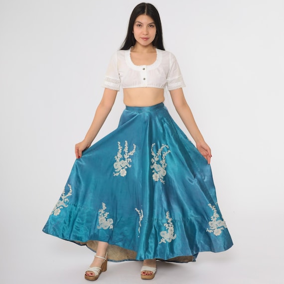Turquoise Maxi Skirt 1940s Floral Embroidered Circle Full Length Silk Feel High Waisted Swing Dance Garden Party Hollywood Glamour XXS XS