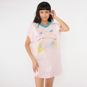 Vintage Teddy Bear Pajama Dress Wake Me When It&#39;s Over Nightgown 80s Graphic Retro Tshirt Dress 1980s Mini Ringer Nightie Small Medium Large