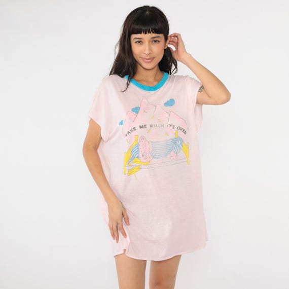 Vintage Teddy Bear Pajama Dress Wake Me When It's Over Nightgown 80s Graphic Retro Tshirt Dress 1980s Mini Ringer Nightie Small Medium Large