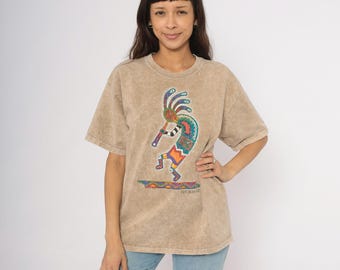 Kokopelli Tucson Arizona Tee Sand Stone Wash Southwestern Native Art Print Short Sleeve Beige Tan Tribal Souvenir Travel Unisex Large L