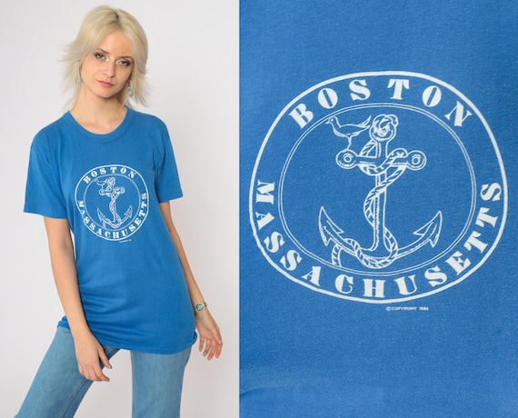 Vintage Boston Shirt 80s Massachusetts Graphic Tee Anchor Travel Destination Shirt Blue Single Stitch TShirt Vintage Souvenir T Shirt Small