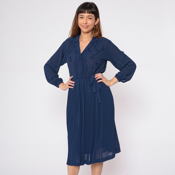 Vintage Sheer Navy Dress 70s Blue Floral Pleated Boho High Waisted Midi 1970s Long Sleeve Bohemian Button Up Feminine Blouson Belted Small S
