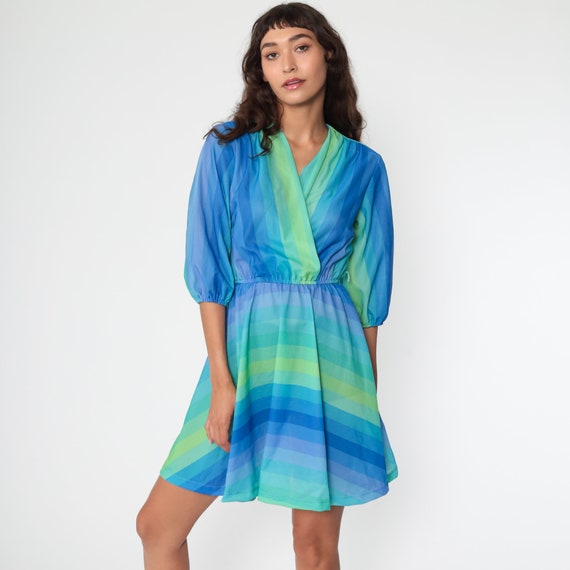 70s Mini Dress Gradient Ombre Dress Boho V Neck WRAP 1970s High Waist VINTAGE 3/4 Sleeve Bohemian Green Blue Small Medium