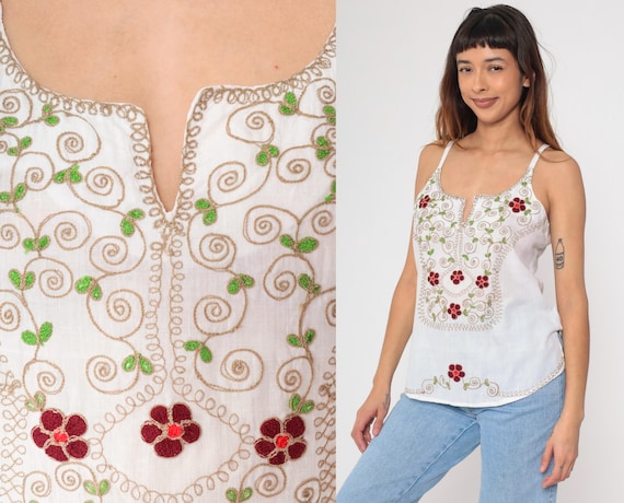 TECREW Women's Boho Floral V-Neck Spaghetti Strap Tank Top - Loose Fit Sleeveless Blouse For Summer