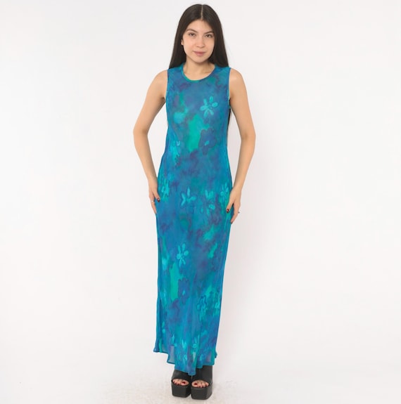 90s Sheer Floral Maxi Dress Blue Teal Watercolor Print Sleeveless Crew Neck Column Ankle Length Chiffon Mesh Tank Aqua Vintage Small S