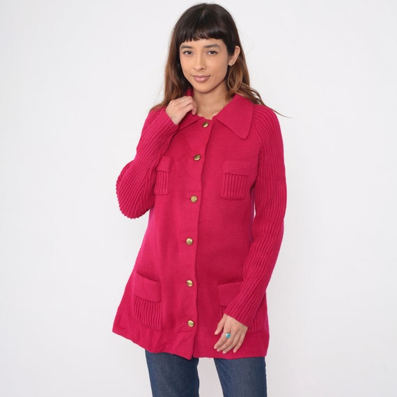 Fuchsia Cardigan Sweater 70s Raglan Sleeve Ribbed Sweater Collared Button Up Grandma Sweater Boho Vintage 1970s Retro Bohemian Plain Large L