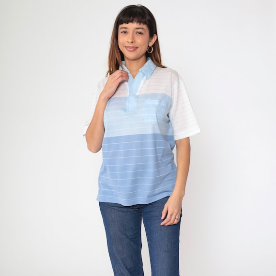 Blue Polo Shirt 80s Striped Gradient Shirt Tonal Half Button Up Shirt Retro Shirt Collared White 1980s Vintage Short Sleeve Medium Large