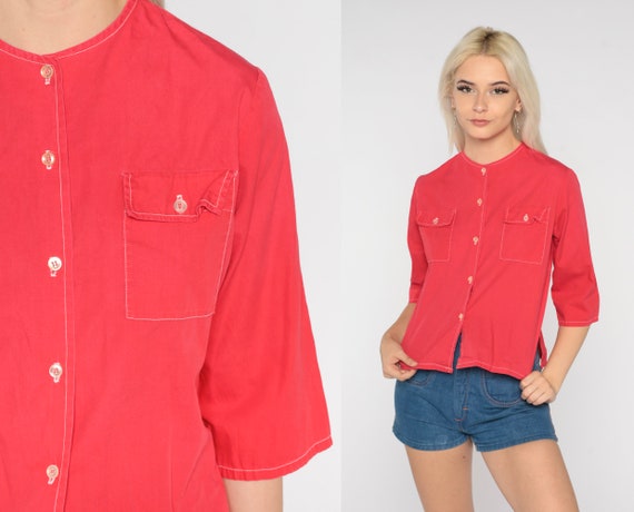 70s Red Blouse Simple Boho Button Up Shirt Short … - image 2