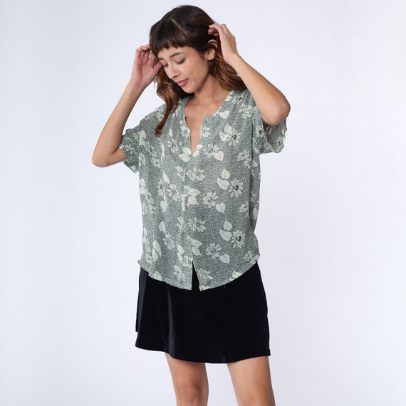 Vintage Floral Blouse 90s Black Yellow Boho Button Up Shirt Short Sleeve Top Retro Flower Print Summer Vintage 1990s Medium Large