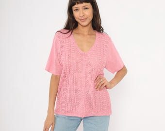 Pink Crochet Cardigan 90s V Neck Knit Blouse Rose Lace Open Weave Scalloped Hem Summer Top Blush Feminine Coquette Girly Vintage Large L
