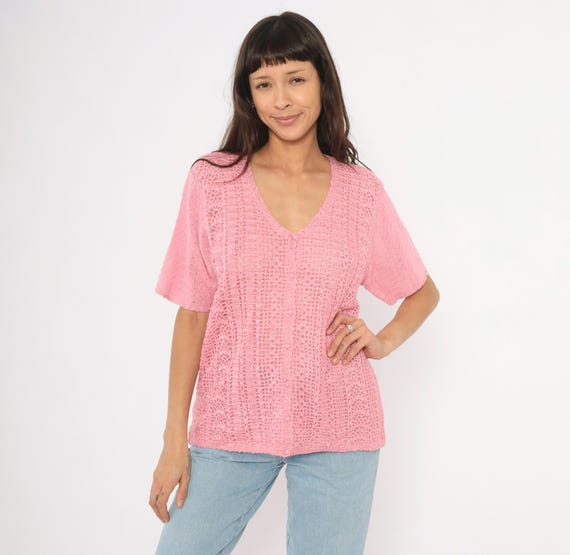Pink Crochet Cardigan 90s V Neck Knit Blouse Rose Lace Open Weave Scalloped Hem Summer Top Blush Feminine Coquette Girly Vintage Large L