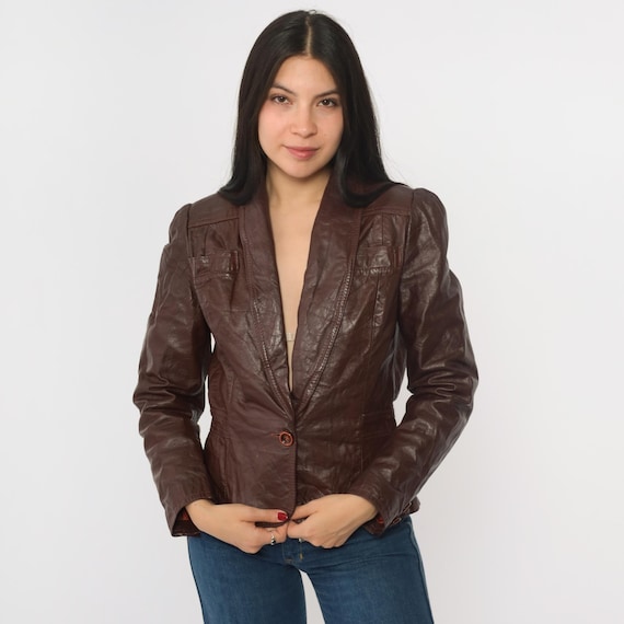 Vintage Brown Leather Blazer Jacket 70s Puff Sleeve Bohemian 1970s Boho Hippie Coat Tailored Fitted Deep V Neck Button Up Small S
