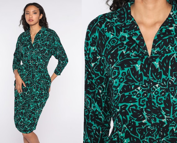 80s Tropical Dress Green Midi Wiggle Dress Jungle Long sleeve Pencil Button Up Dress Vintage 1980s High Waisted Black Small