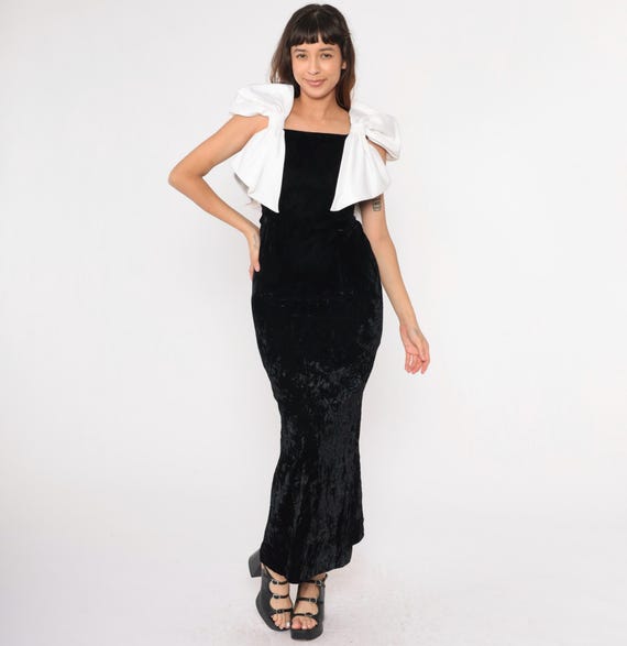 Vintage Black Velvet Dress 80s 90s Party Dress White Bow Shoulder Maxi Cocktail Dress Satin Sheath Prom Wiggle Pencil 1980s Extra Small xs
