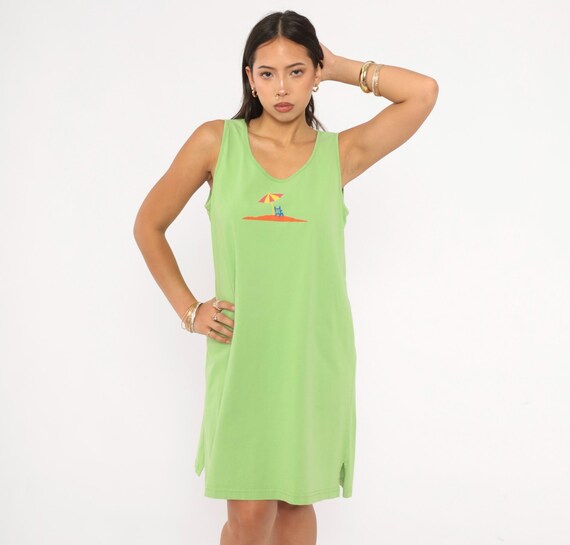 Beach Umbrella Tank Dress 90s Green Cotton Sleeveless Summer Sundress Beach Vacation Graphic Print Sage Mint Pullover Casual Large L