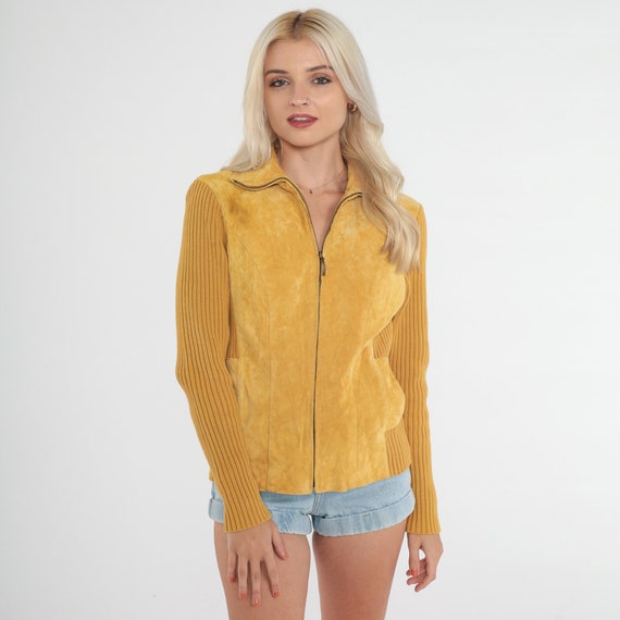 Suede Sweater Jacket Y2K Mustard Yellow Leather Moto Jacket Zip Up Coat Retro Sleek Fall Neutral Earth Tone Boho Vintage 00s Extra Small xs