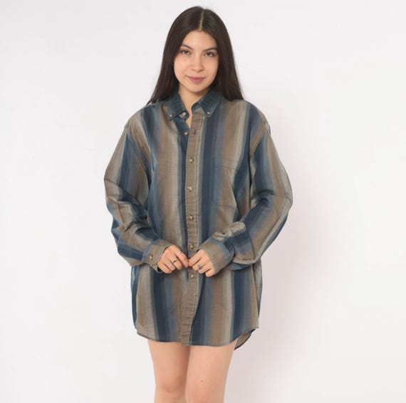 80s Striped Button Down Vertical Stripe Shirt Mcgregor Long Sleeve Cotton Blend Relaxed Fit Casual Earth Tone Blue Brown Vintage Top Large L