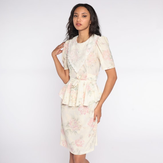 Floral Peplum Dress 80s Lace Bib Floral Dress Puff Sleeve Pastel Yellow Pink Pencil Wiggle Dress Midi 1980s Fitted High Waist Small S