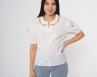 Embroidered Peasant Blouse 70s White Cotton Puff Sleeve Top Floral Red Pink Purple Eyelet Lace Trim Notched Neck Hungarian Vintage Medium 44