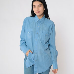 80s Pearl Snap Shirt Blue Shirt Western Shirt Long Sleeve Vintage 1980s Button Up Retro Plain Rodeo Cowboy Shirt Men&#39;s Medium