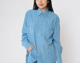 80s Pearl Snap Shirt Blue Shirt Western Shirt Long Sleeve Vintage 1980s Button Up Retro Plain Rodeo Cowboy Shirt Men's Medium