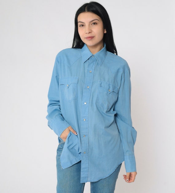 80s Pearl Snap Shirt Blue Shirt Western Shirt Long Sleeve Vintage 1980s Button Up Retro Plain Rodeo Cowboy Shirt Men's Medium