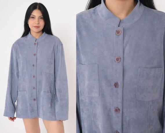 Blue Mottled Jacket 90s Ribbed Texture Jacket Button Up Mandarin Collar Shacket Chest Pocket Plain Minimal Vintage 1990s Extra Large xl