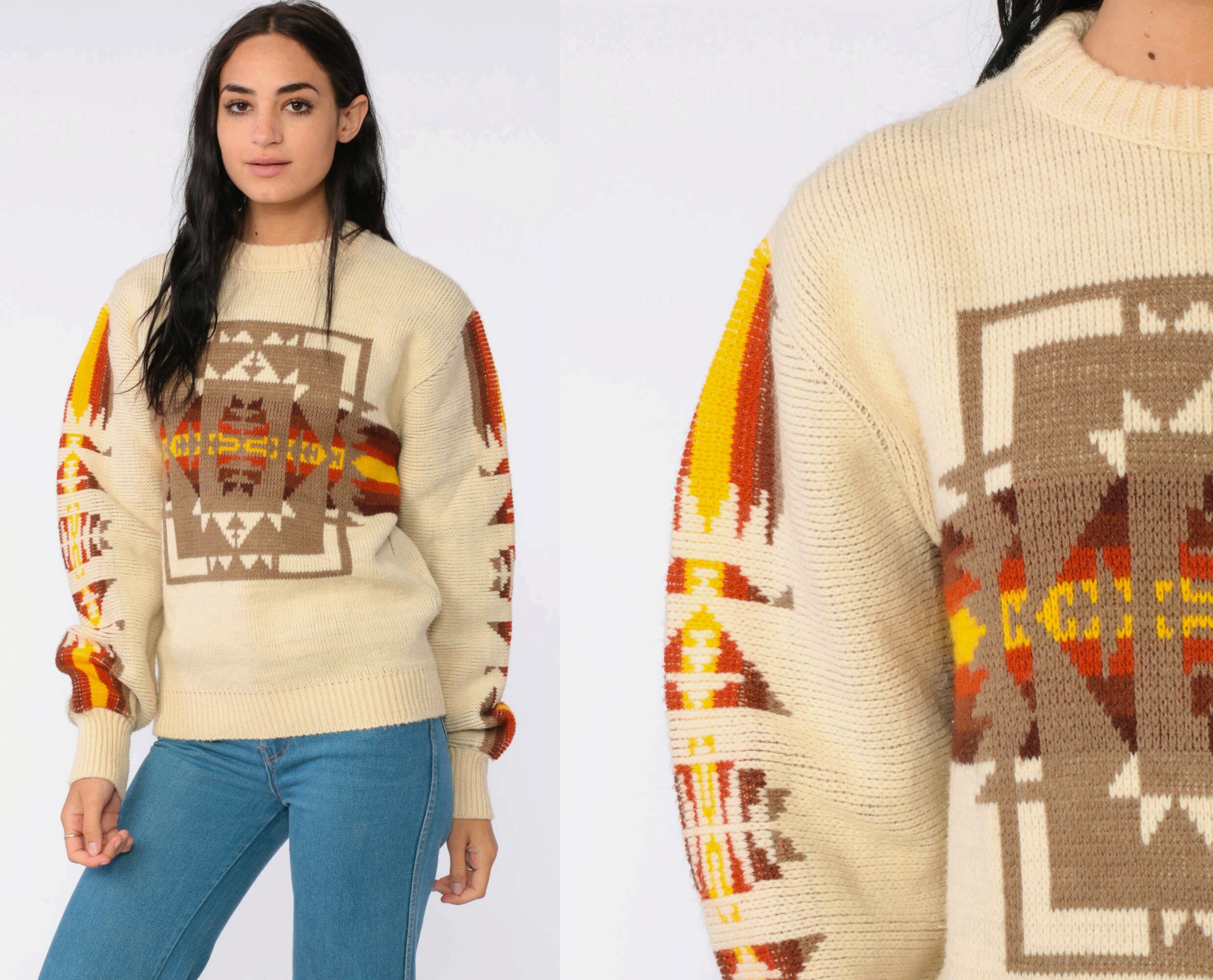 yellow boho hippy style brown with orange Vintage Geometric Polyester Knit Fabric 73x60 tribal print