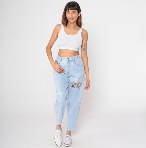 90s Patchwork Jeans Mom Jeans Plaid Patch Jeans Light Blue High Rise Waist Relaxed Tapered Leg Denim Pants Grunge 1990s Vintage Small 29