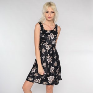 Floral Mini Dress 90s Shiny Black Shift Party Sundress Grunge Flower Print Day Sun Sleeveless Summer Vintage 1990s Grey Minidress Medium M