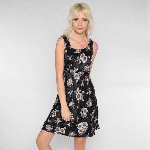 Floral Mini Dress 90s Shiny Black Shift Party Sundress Grunge Flower Print Day Sun Sleeveless Summer Vintage 1990s Grey Minidress Medium M