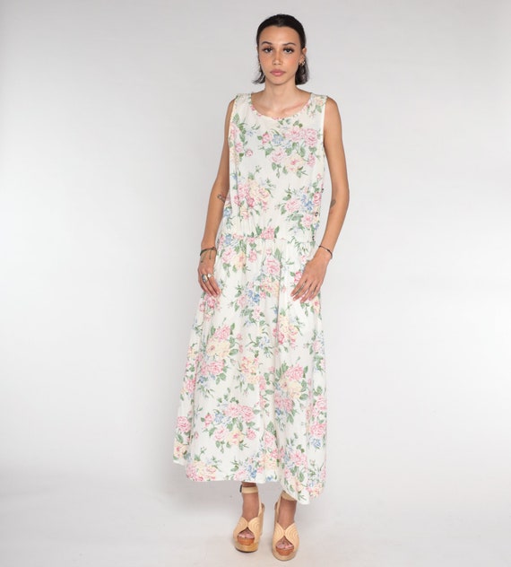 White Floral Dress 90s Pastel Maxi Sundress Sleev… - image 3