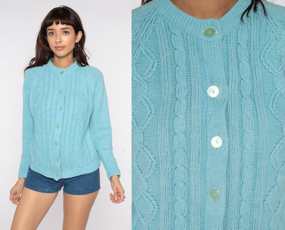 Blue Cable Knit Cardigan 70s Boho Sweater Pastel Baby Blue Grandma Sweater Cableknit Button Up 60s Vintage Raglan Sleeve 1970s Boho Medium