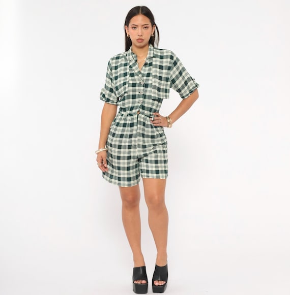 90s Plaid Romper Green Cream Check Button Front Short Sleeve Playsuit Rolled Cuff Grunge Flannel One Piece Shorts Vintage Jumpsuit Small S