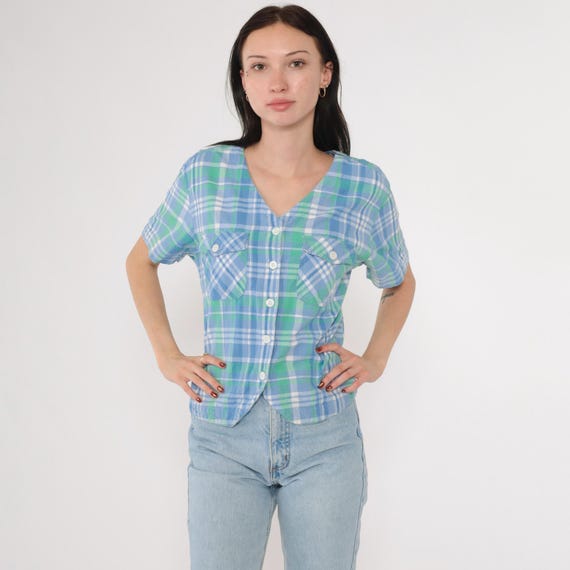 90s Blue Checkered Shirt Plaid Button Up Cotton Blouse Short Sleeve Green White Check Print Top V Neck Vintage Preppy 1990s Medium