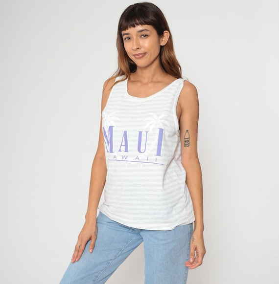 Maui Hawaii Tank 90s White Stripe Palm Tree Graphic Purple Text Destination Souvenir Cotton Sleeveless Crew Neck Beach Vacation Medium M 8