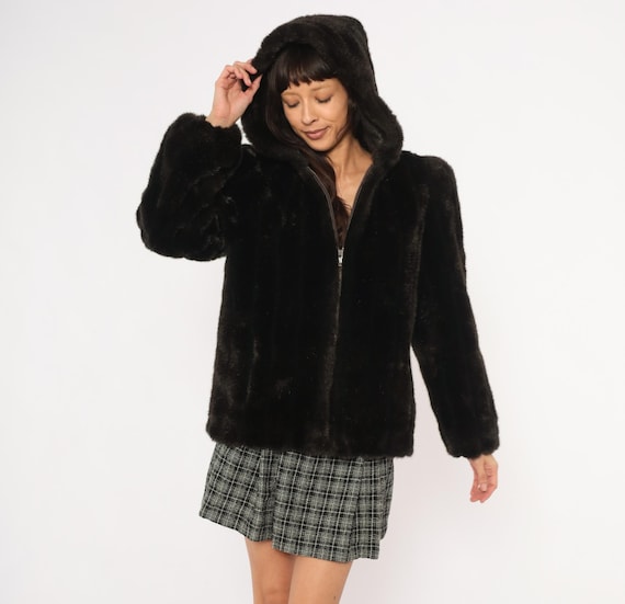 80s Faux Fur Hooded Jacket Dark Brown Chocolate Coat Plush Fuzzy Winter Autumn Outerwear Mob Wife Glamour Lined Warm Puffer Style Medium M