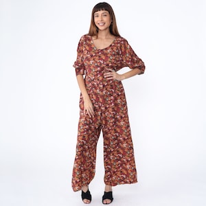 Floral Palazzo Jumpsuit 90s Wide Leg Jumpsuit Red Orange Grunge Pantsuit Boho Baggy Rayon Scoop Neck Vintage Romper Pants 1990s Medium