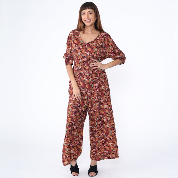 Floral Palazzo Jumpsuit 90s Wide Leg Jumpsuit Red Orange Grunge Pantsuit Boho Baggy Rayon Scoop Neck Vintage Romper Pants 1990s Medium