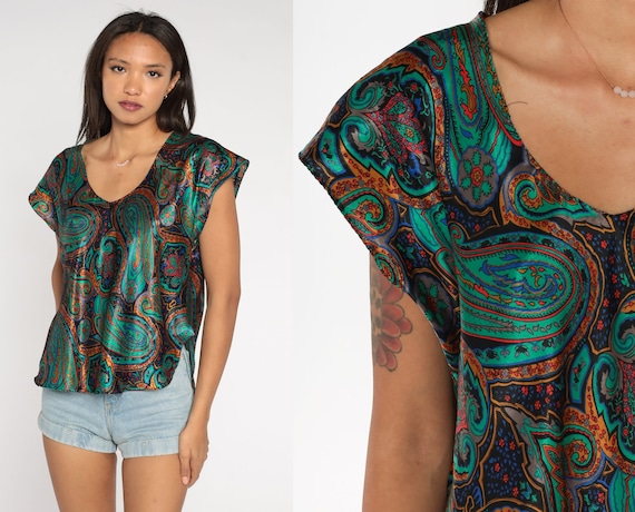 Paisley Pajama Top 80s Pajama Shirt Silky Lingerie Sleepwear Green Sleep Shirt Short Cap Sleeve Vintage 1980s Intimates Large L