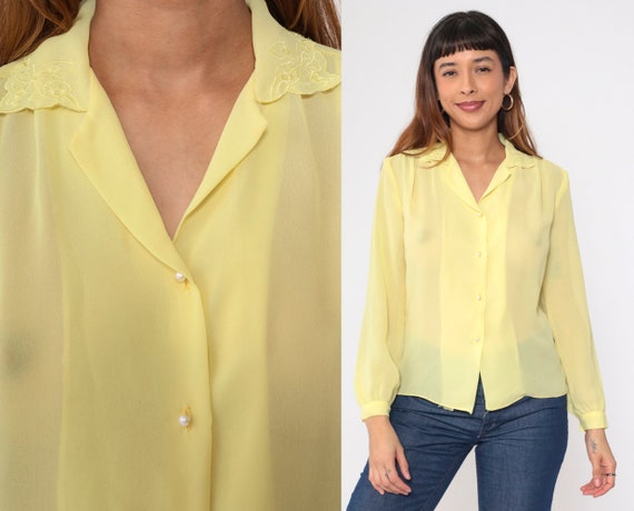 Sheer Yellow Blouse 70s Button up Shirt Floral Embroidered