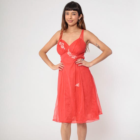 Vintage 70s Sheer Red Nylon Lingerie Dress Floral Embroidered Bodice Empire Waist Semi Sheer Midi Slip Style Party Dress Medium